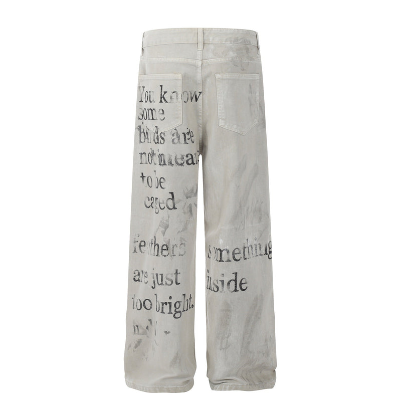 Distressed Text Print Straight-Leg Denim Pants | Omirad