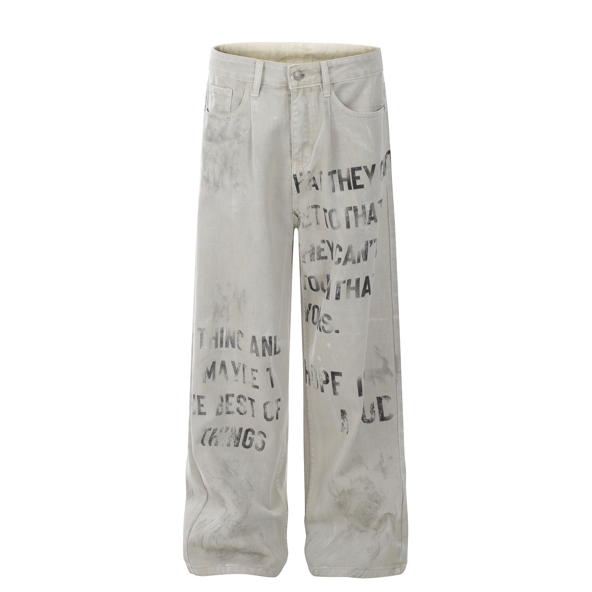 Front view of off-white straight-leg denim pants with distressed stencil text print across both legs
