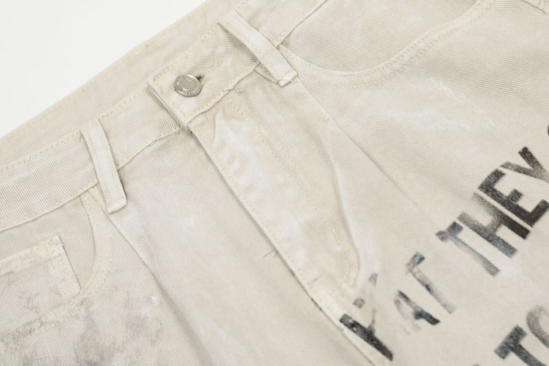 Distressed Text Print Straight-Leg Denim Pants | Omirad