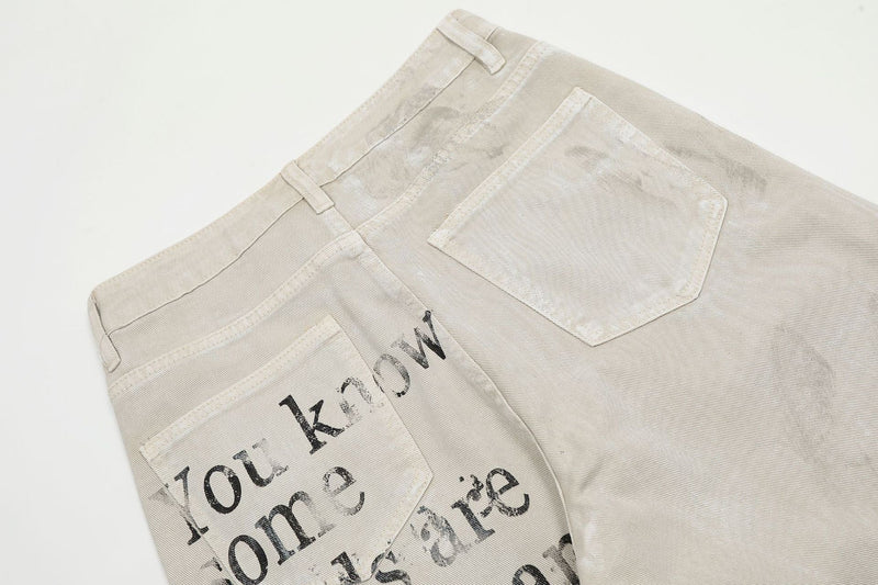 Distressed Text Print Straight-Leg Denim Pants | Omirad