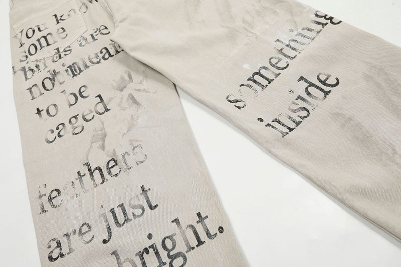 Distressed Text Print Straight-Leg Denim Pants | Omirad