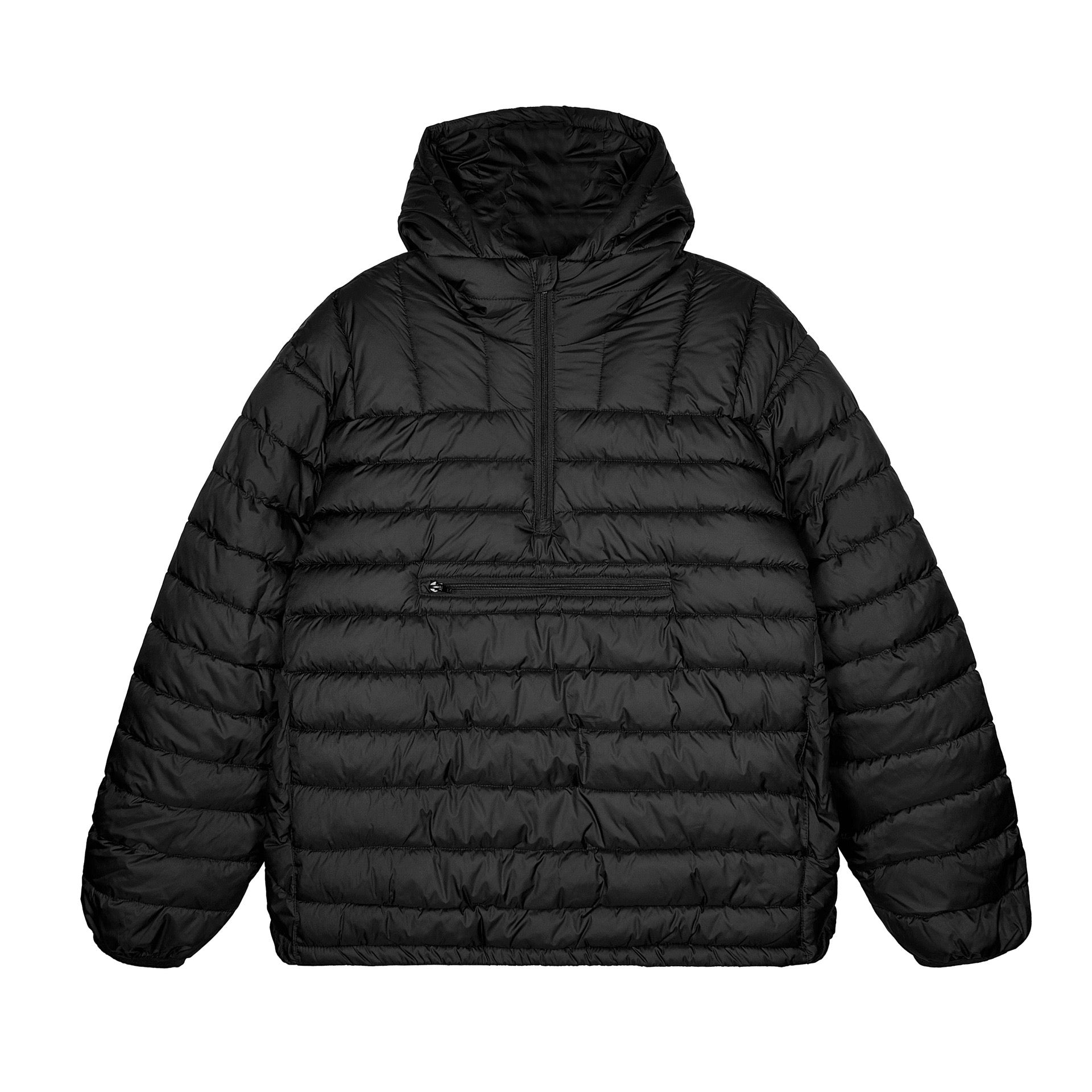 Black quilted half-zip puffer hoodie with fixed hood and front zip chest pocket, front view on white background