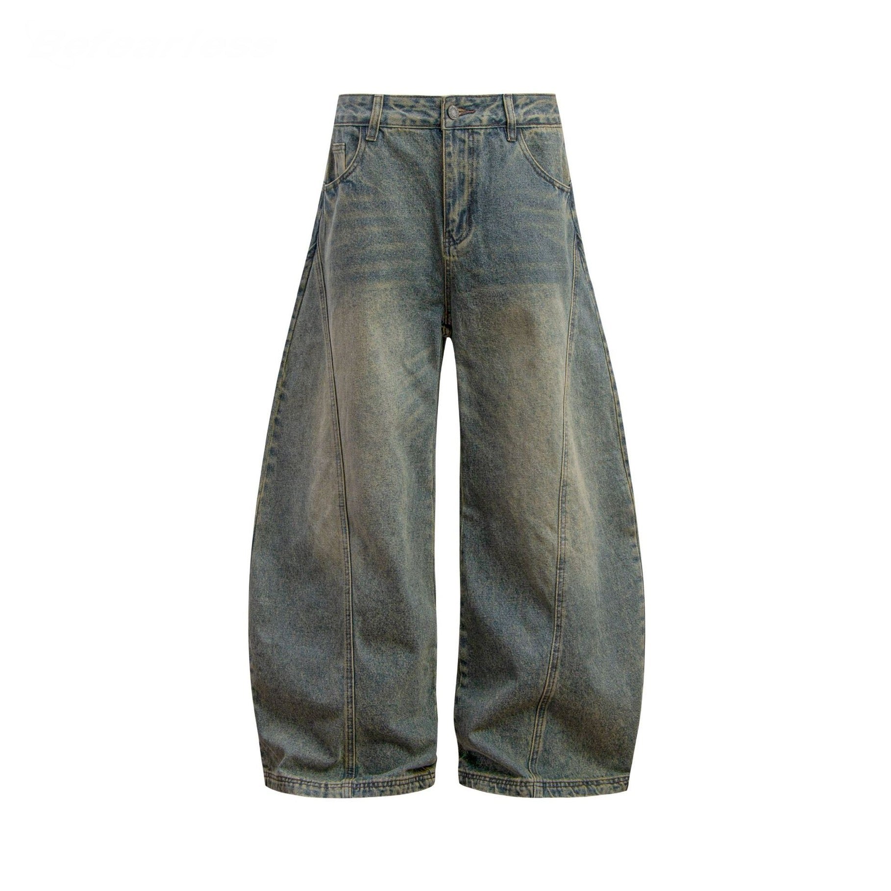 Front view of vintage washed wide-leg denim jeans with panel seams and faded blue-gold wash finish