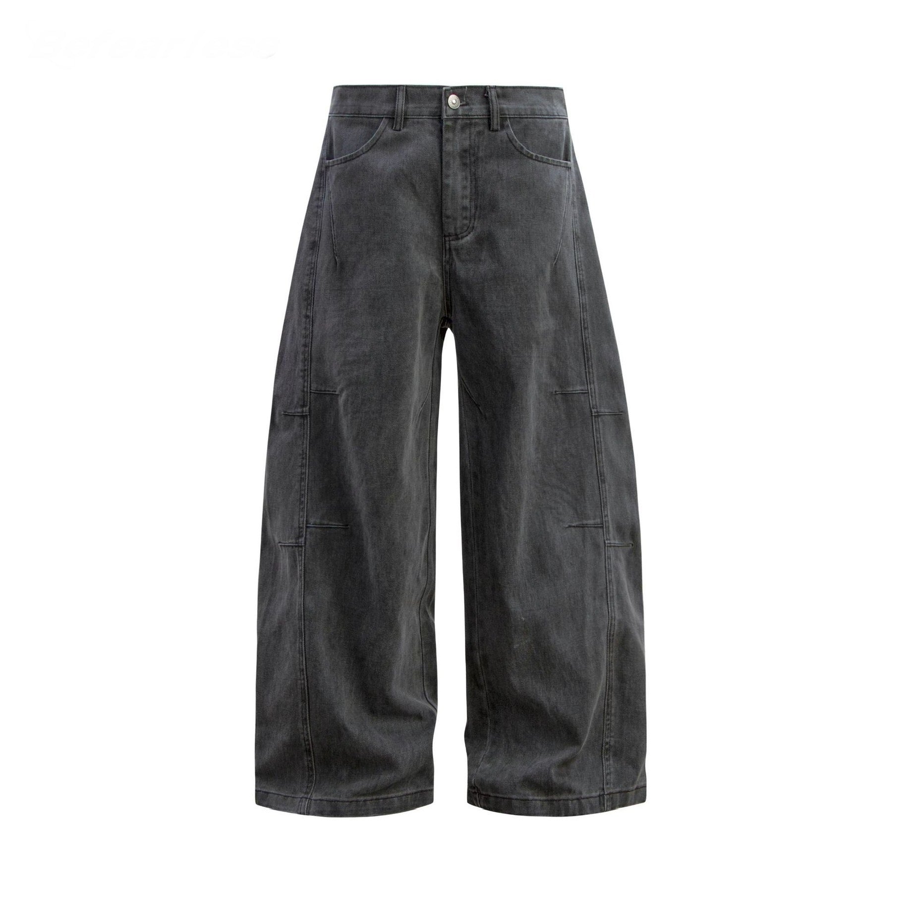 Front view of washed black wide-leg cotton denim pants with panel stitching and classic front pockets