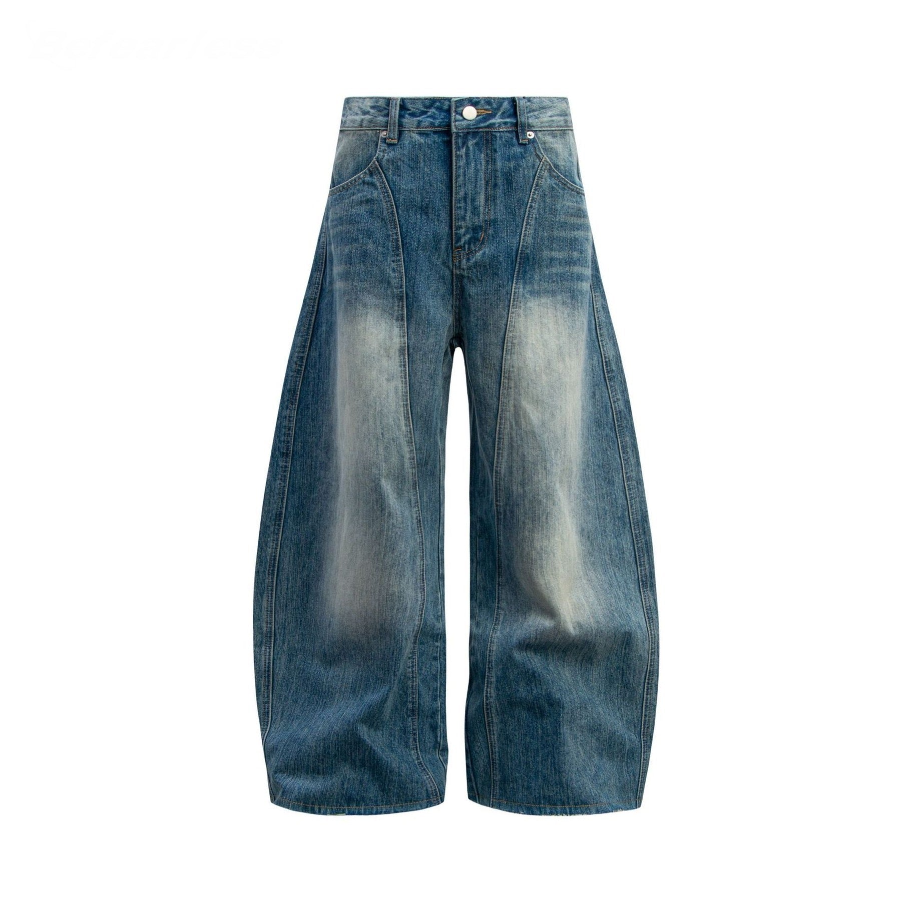 Front view of Omirad washed wide-leg denim pants in faded blue with curved panel seams and oversized barrel-leg silhouette