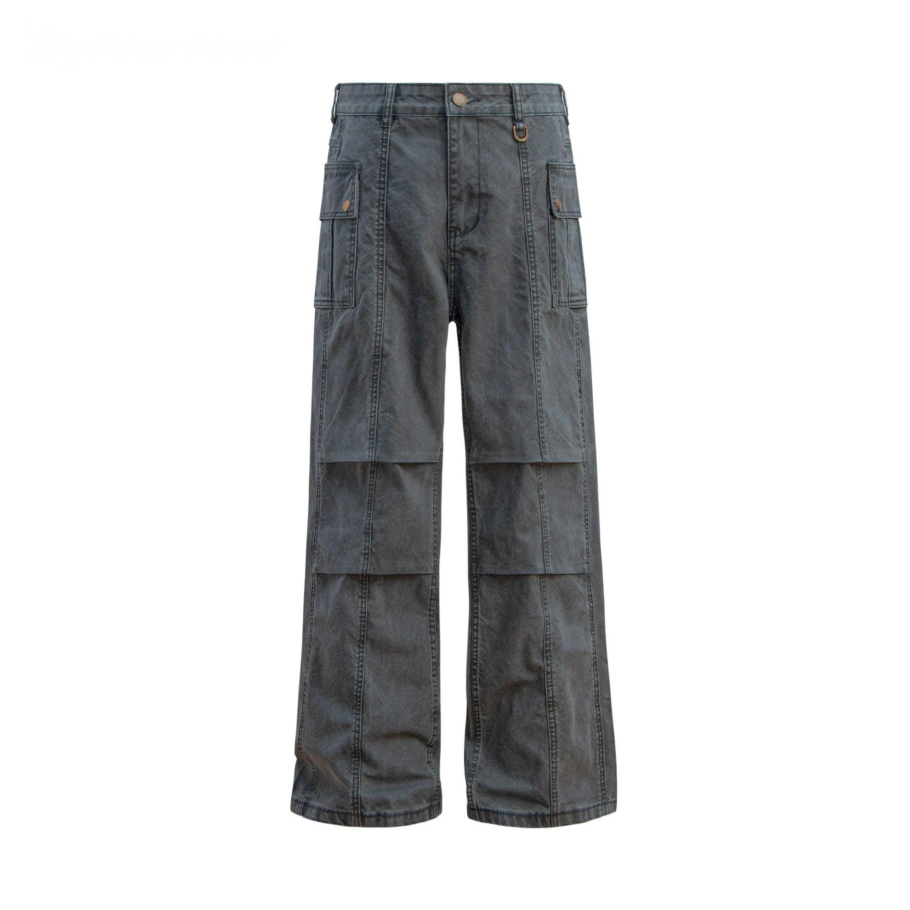 Washed charcoal grey wide-leg cargo pants with multi-panel stitching and oversized flap pockets on white background