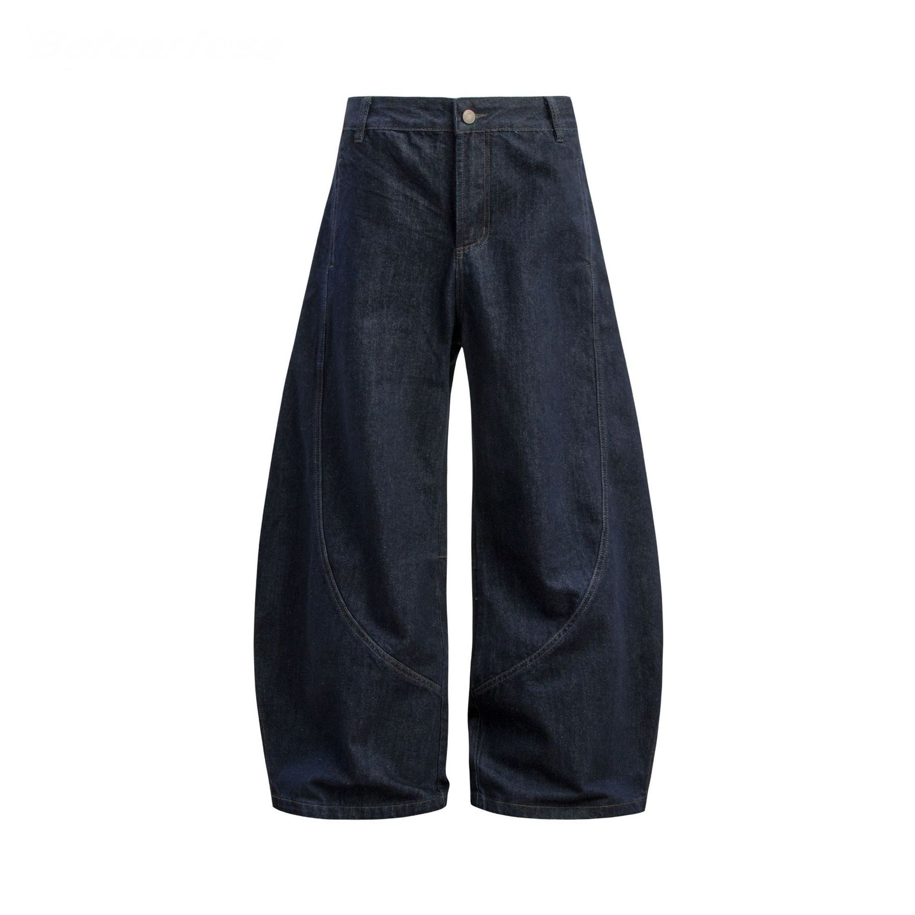 Omirad oversized wide-leg denim pants in deep indigo wash with curved front seam paneling, front view