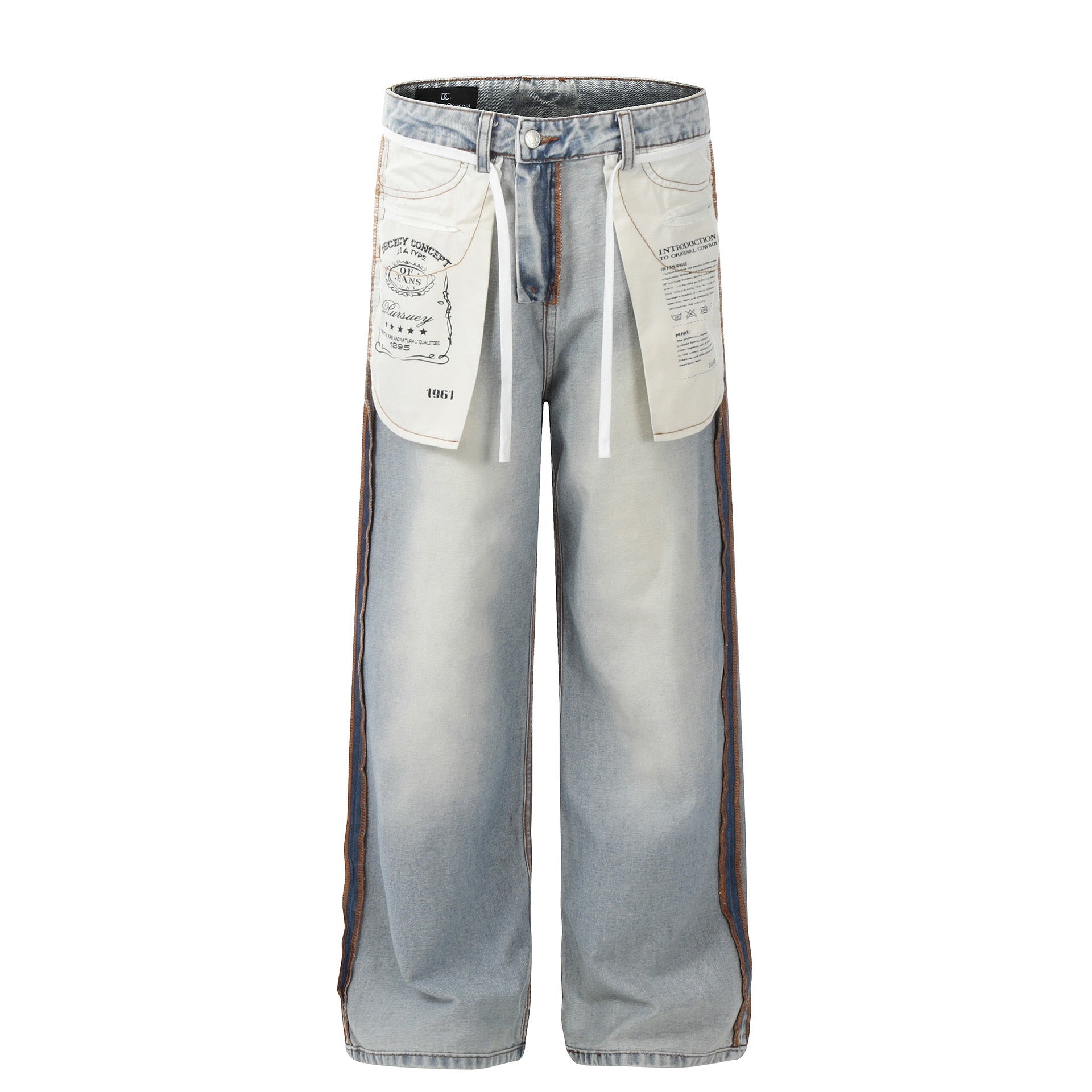 Light wash wide-leg jeans with off-white graphic front panel overlay, contrast brown side stripe, and white drawstring detail