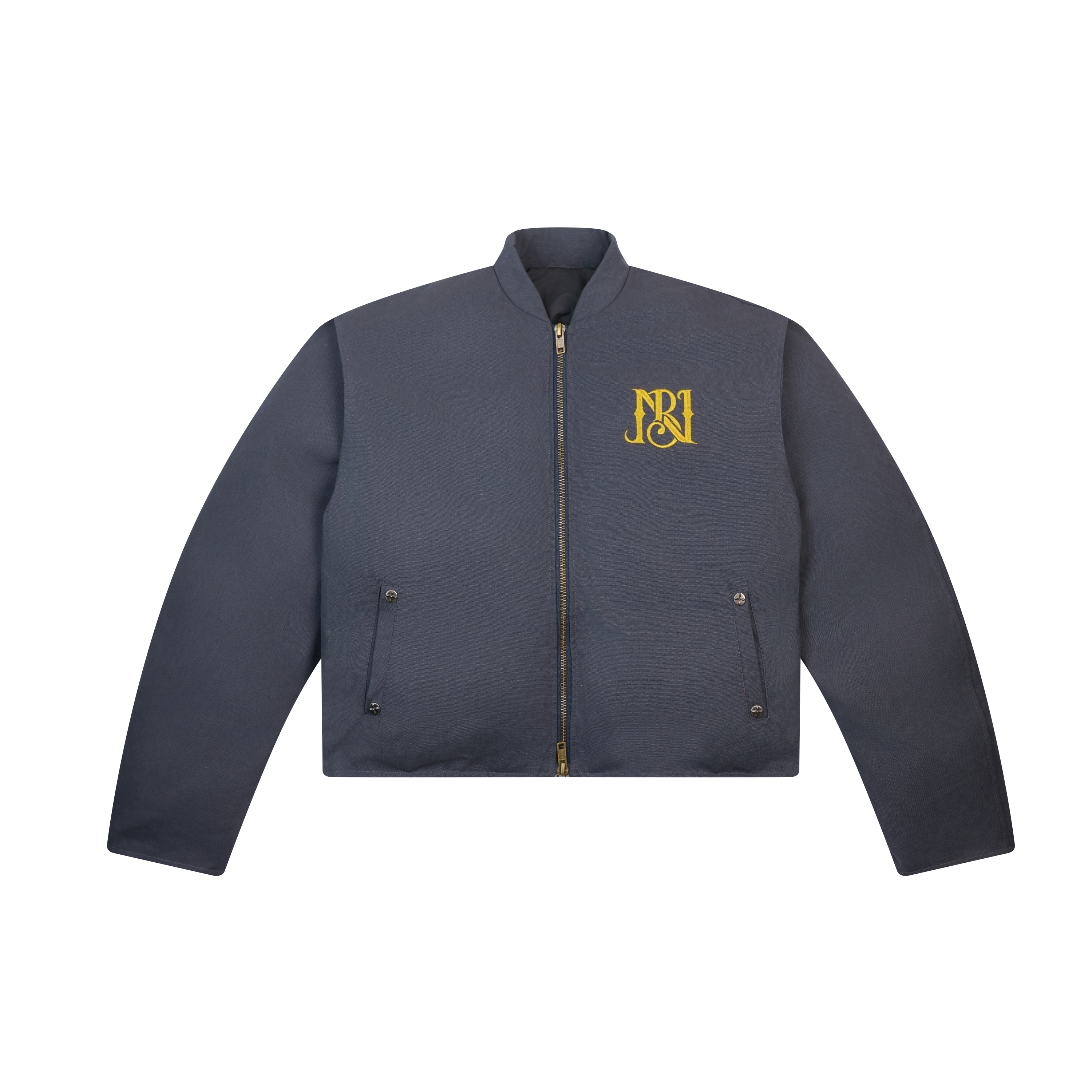 Front view of slate blue NORECORDXX cropped zip jacket with gold monogram chest embroidery and gold-tone metal zipper
