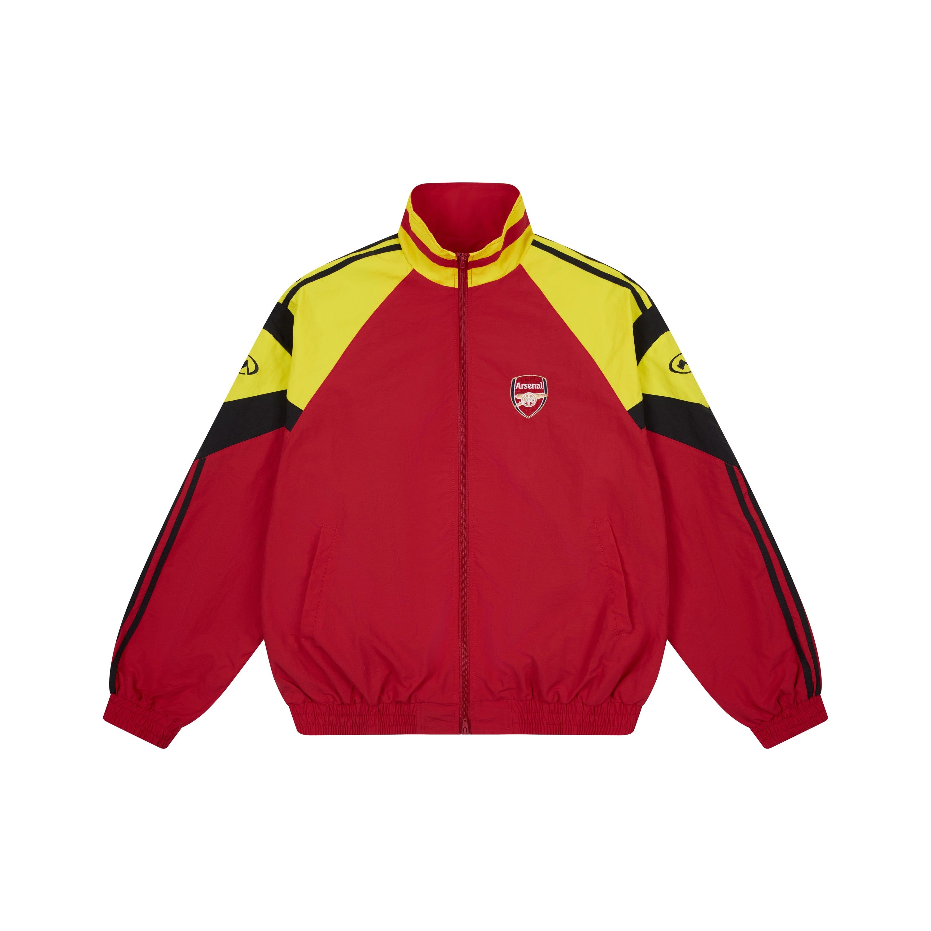 Red and yellow Arsenal colorblock track jacket with black panel detailing and embroidered crest on chest, front view