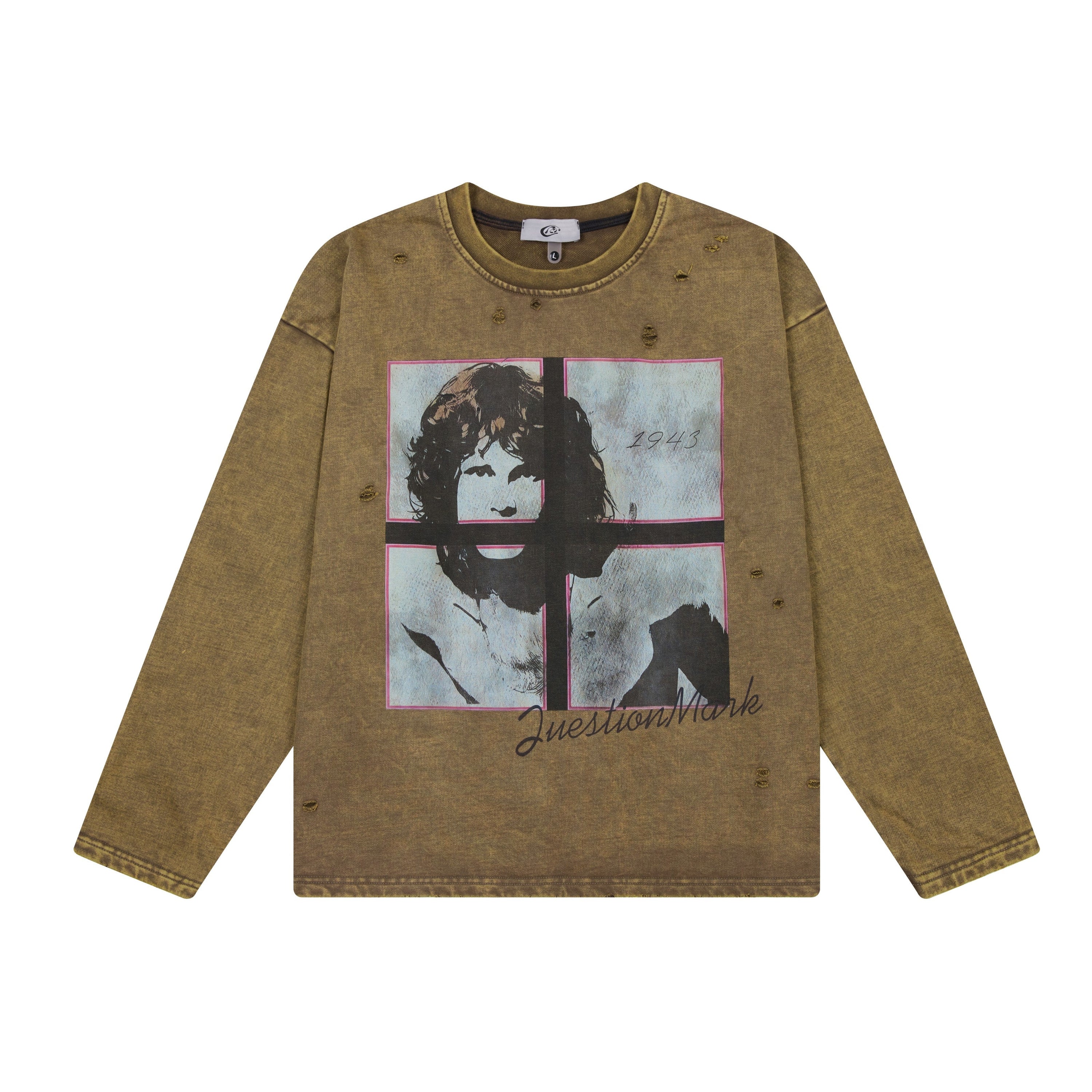 Acid-washed olive brown long sleeve tee with vintage four-panel graphic print and QuestionMark script on the front