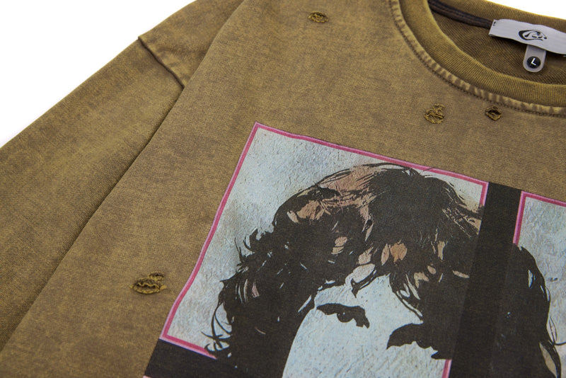Brown graphic long sleeve tee with front portrait print, angled close-up