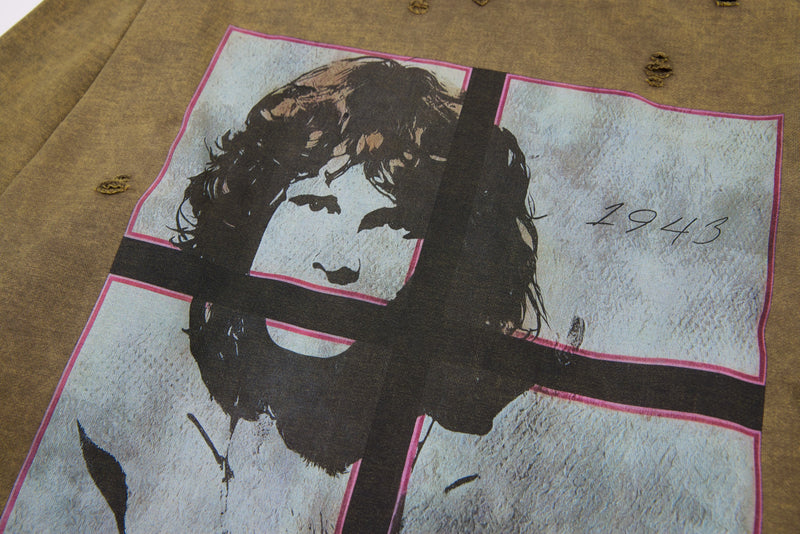 Front of brown long sleeve tee showing large portrait graphic and 1943 text
