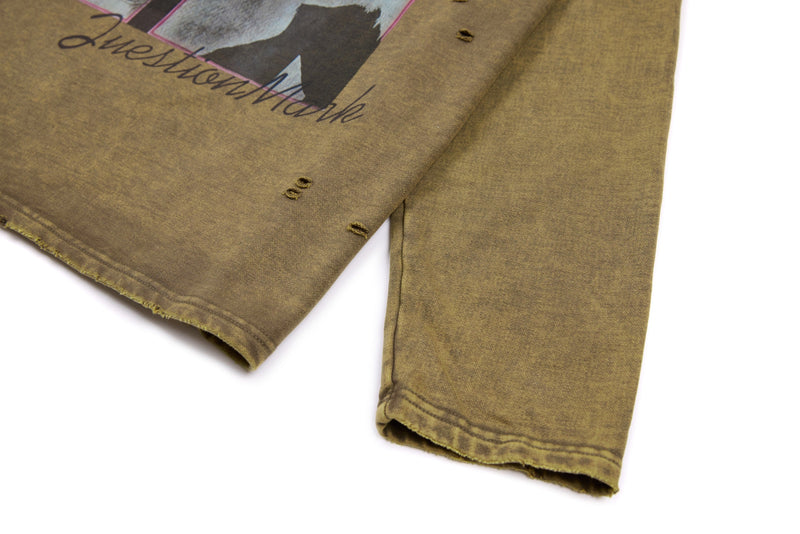 Front lower tee area with printed script and distressed details on brown fabric