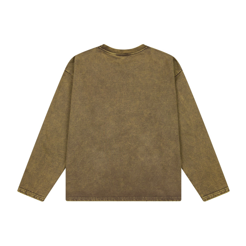 Vintage washed brown long sleeve tee, back view on white background