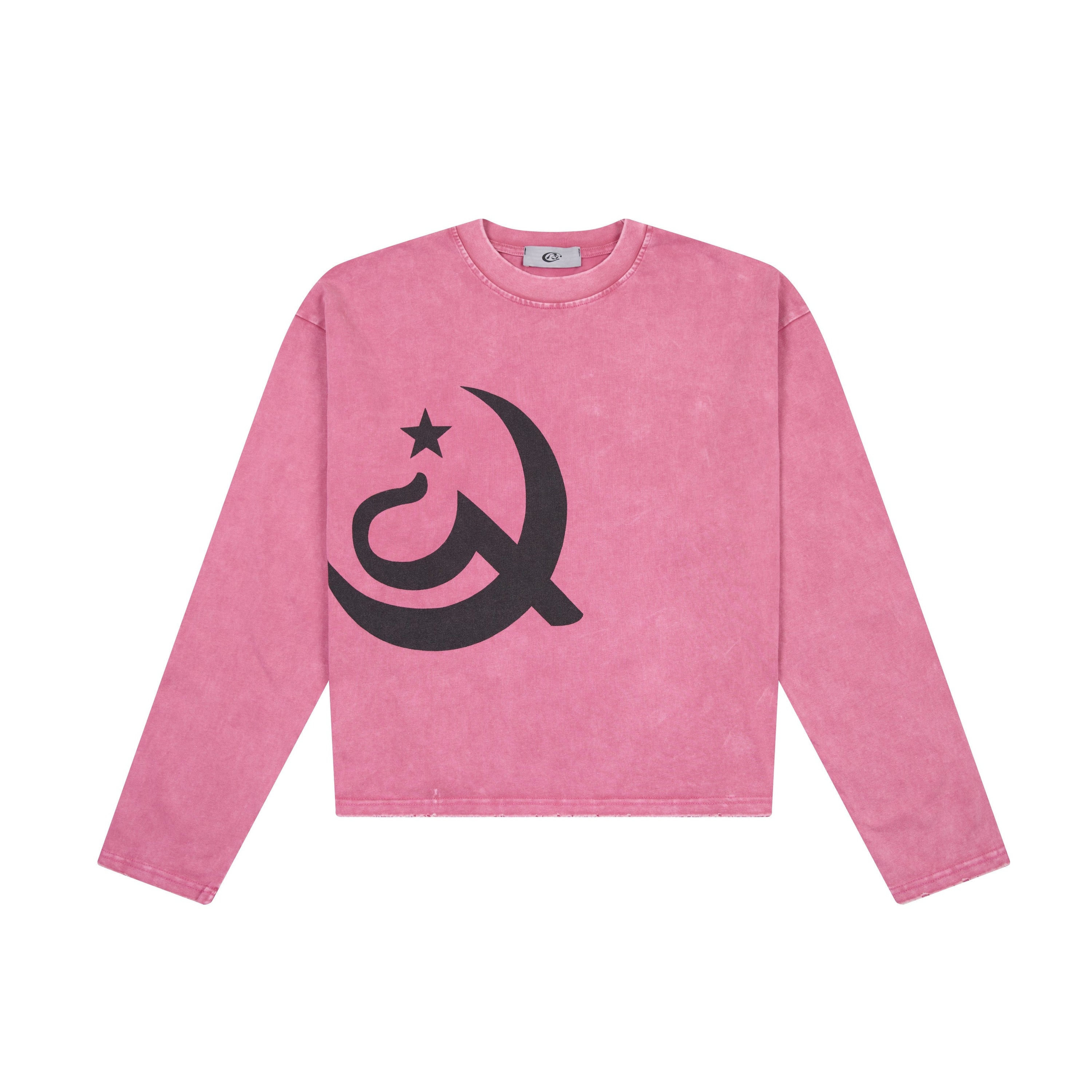 Acid-washed pink cropped long sleeve with oversized black crescent star archival graphic on chest, front view
