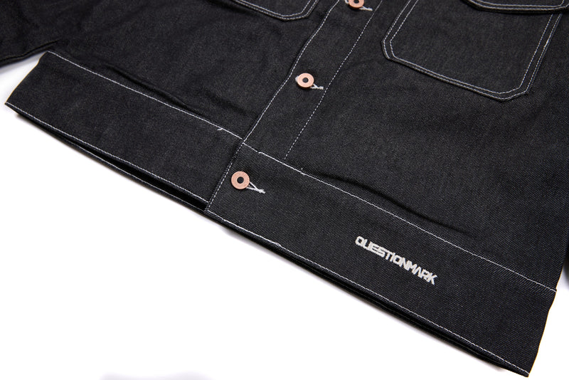 Questionmark Classic Black Denim Jacket with Leopard Lining