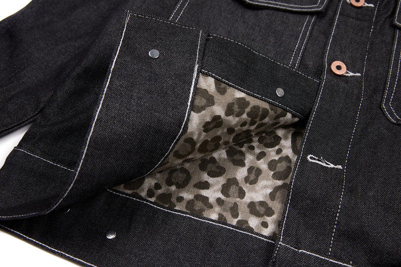 Questionmark Classic Black Denim Jacket with Leopard Lining