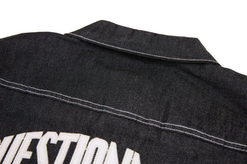 Questionmark Classic Black Denim Jacket with Leopard Lining