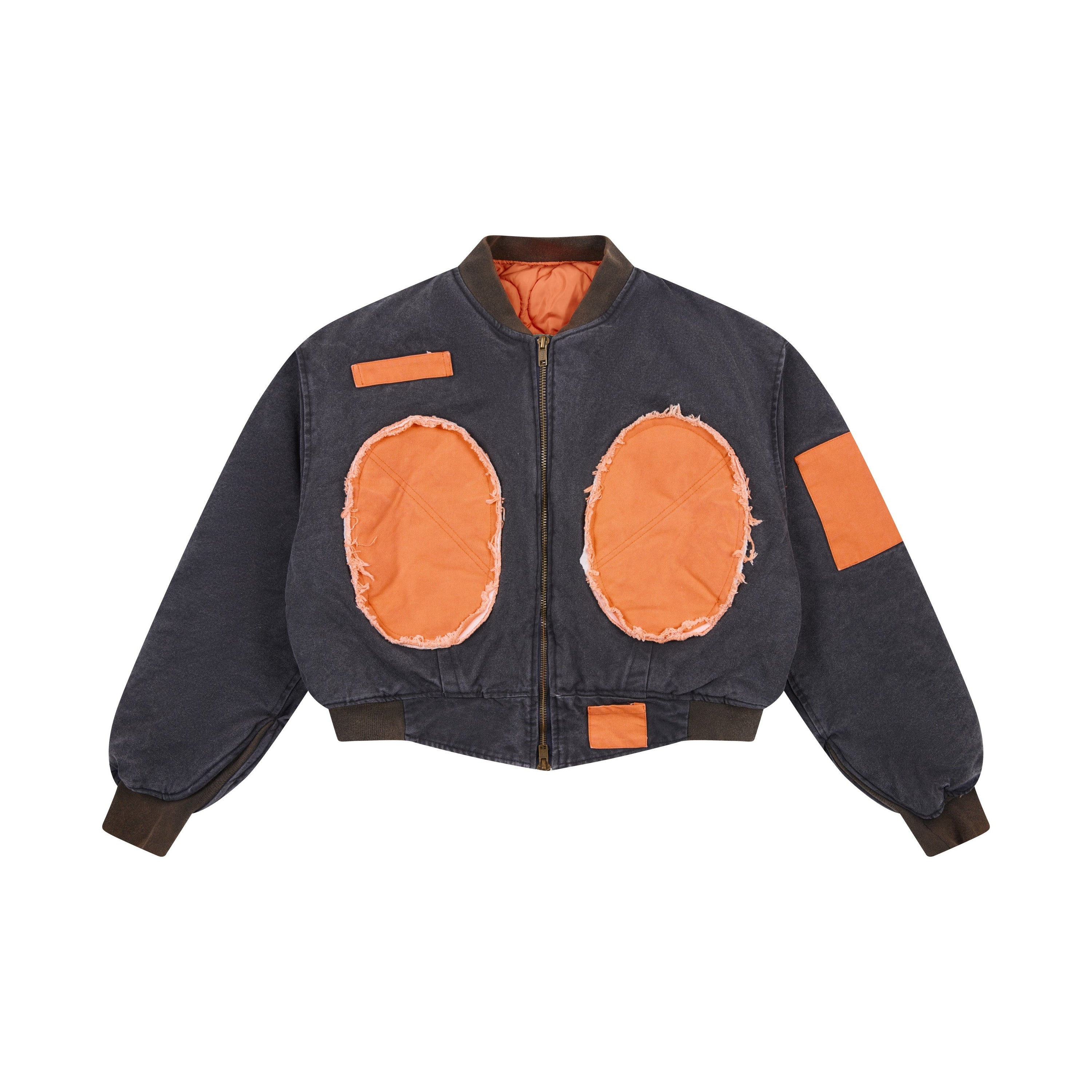 Omirad cropped charcoal cotton bomber jacket with raw-edge orange oval patchwork panels and accent patches on front