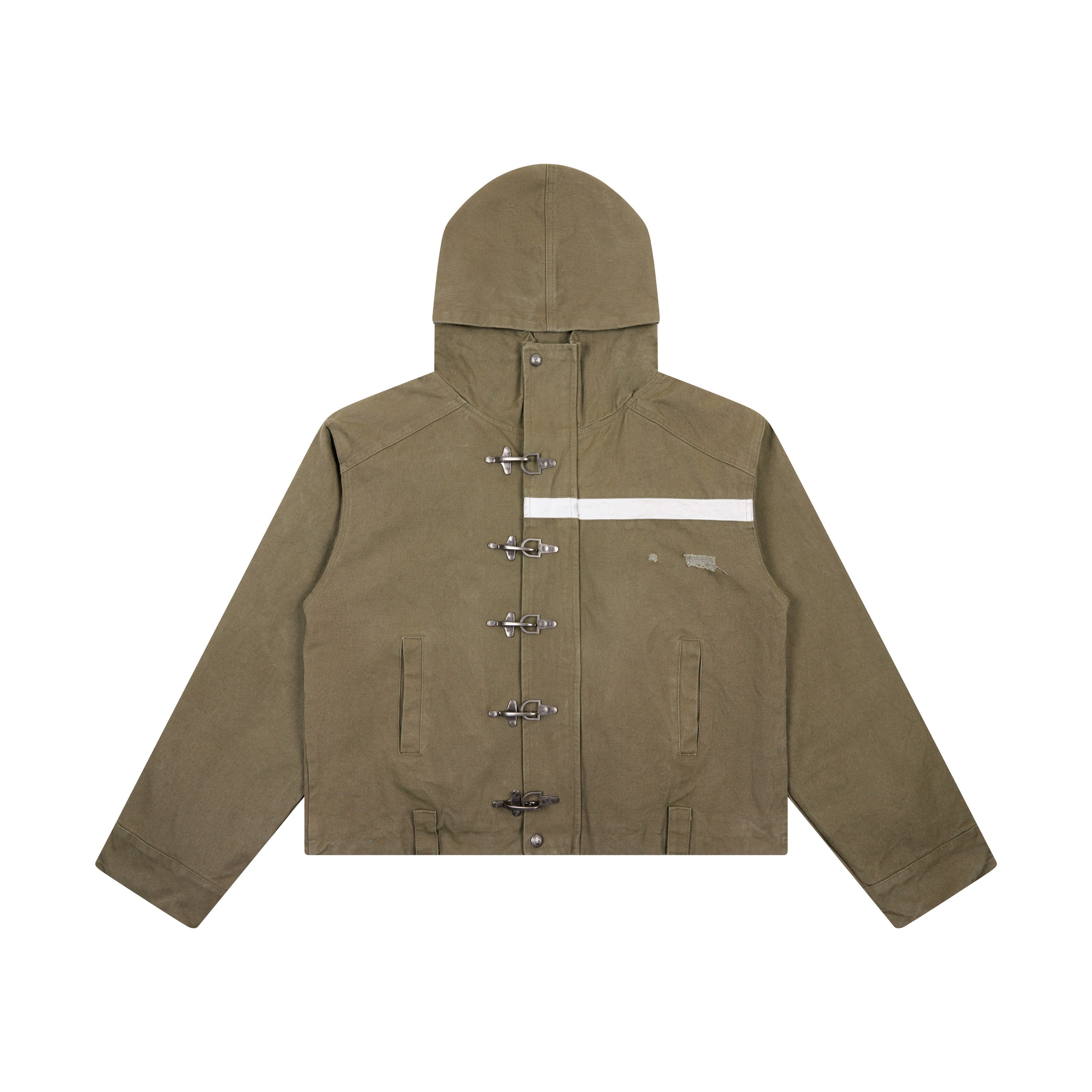 Olive green hooded cotton jacket with metal buckle front closures and white chest stripe, front view