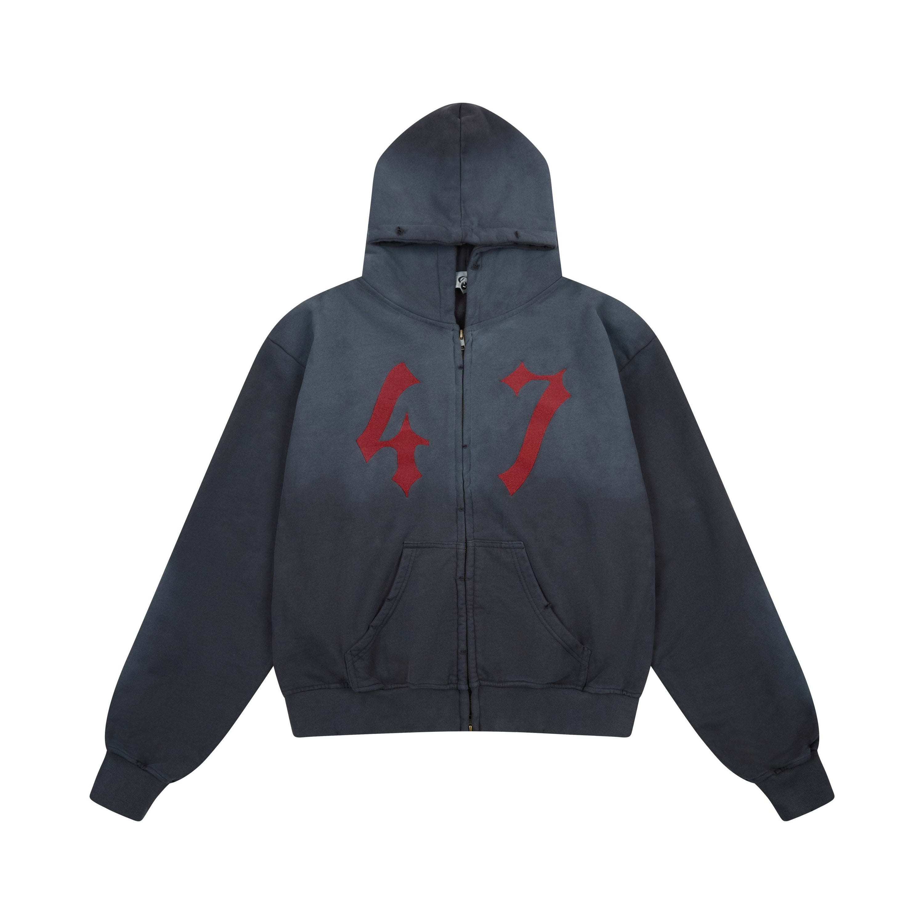 Omirad 47 zip-up hoodie in washed charcoal with red gothic number 47 applique on the chest, front view