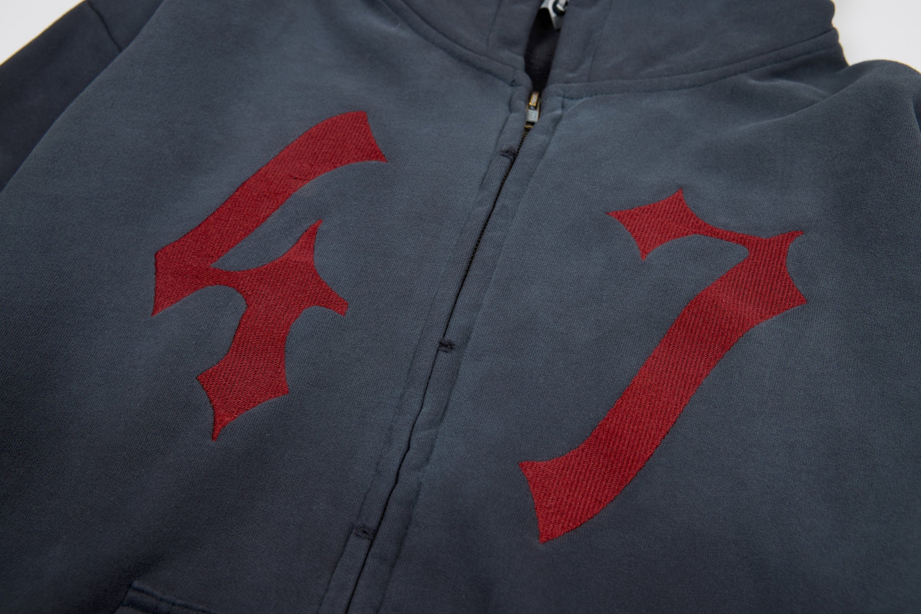 Omirad "47" Gothic Graphic Zip-Up Hoodie | Washed Charcoal