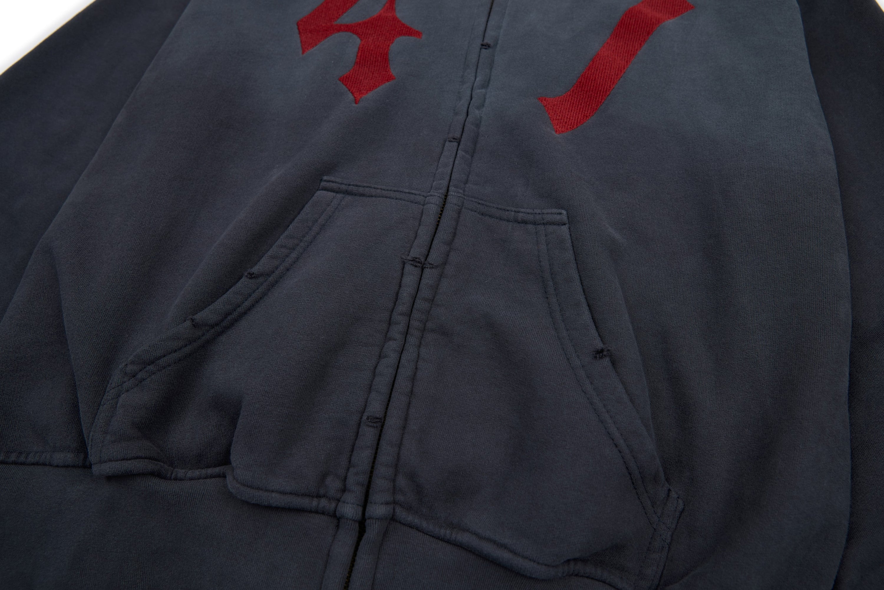 Omirad "47" Gothic Graphic Zip-Up Hoodie | Washed Charcoal
