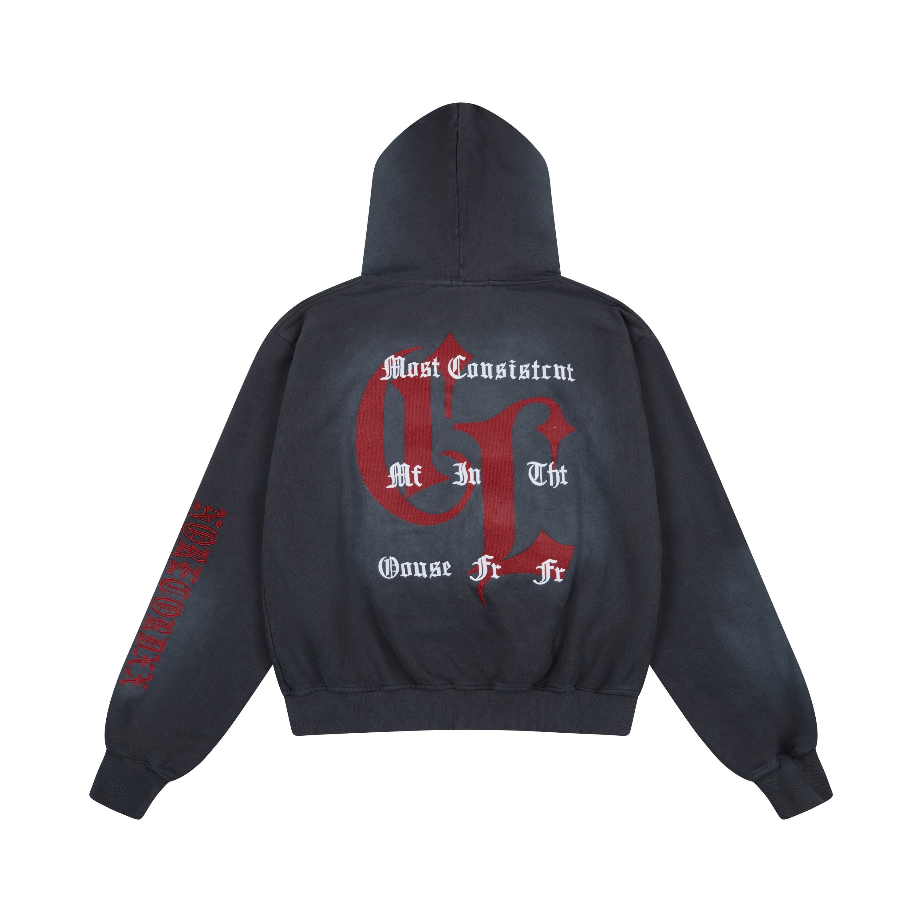Omirad "47" Gothic Graphic Zip-Up Hoodie | Washed Charcoal