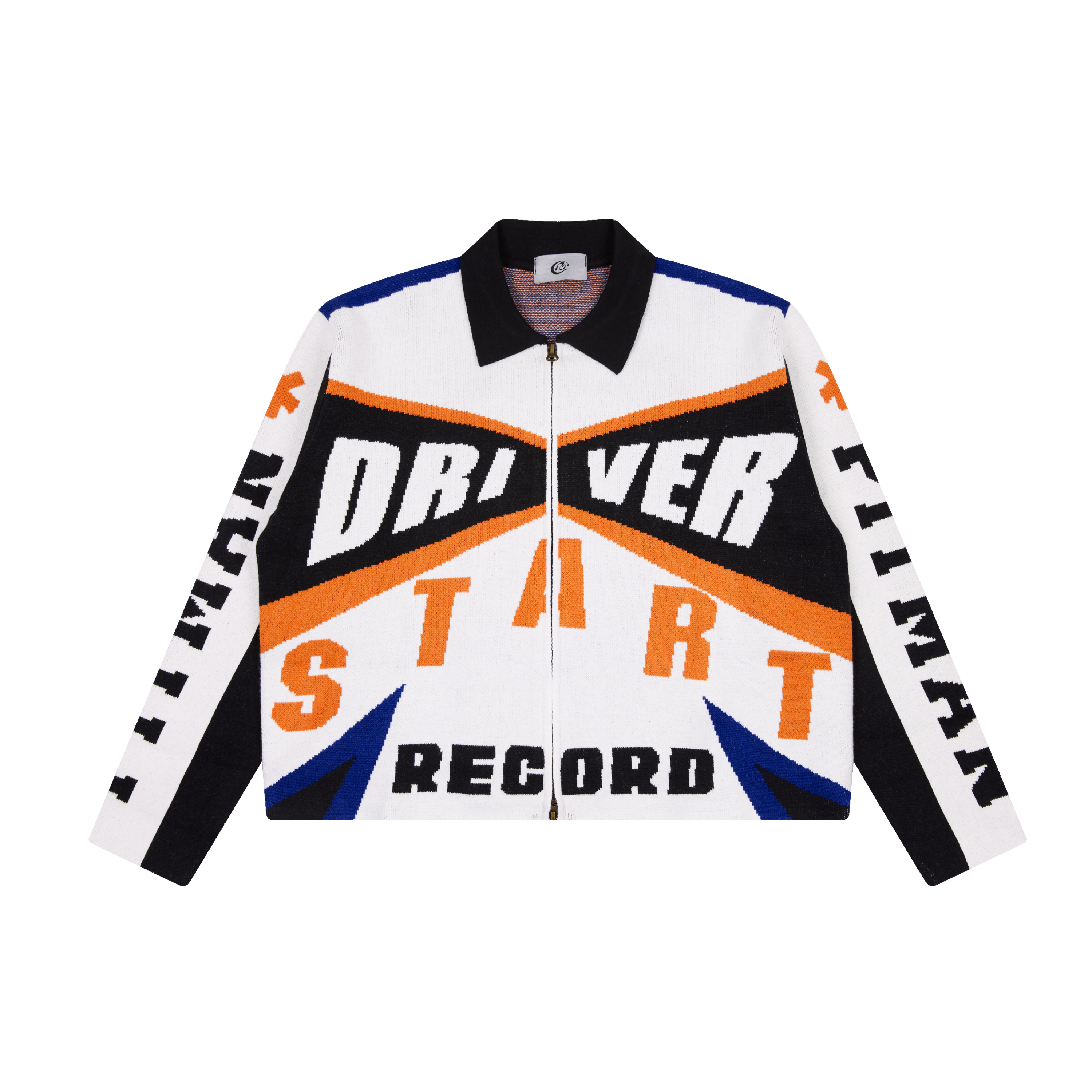 Ronin Driver Start Motorsport Knit Jacket front view, white with black orange and blue racing graphics and zip closure