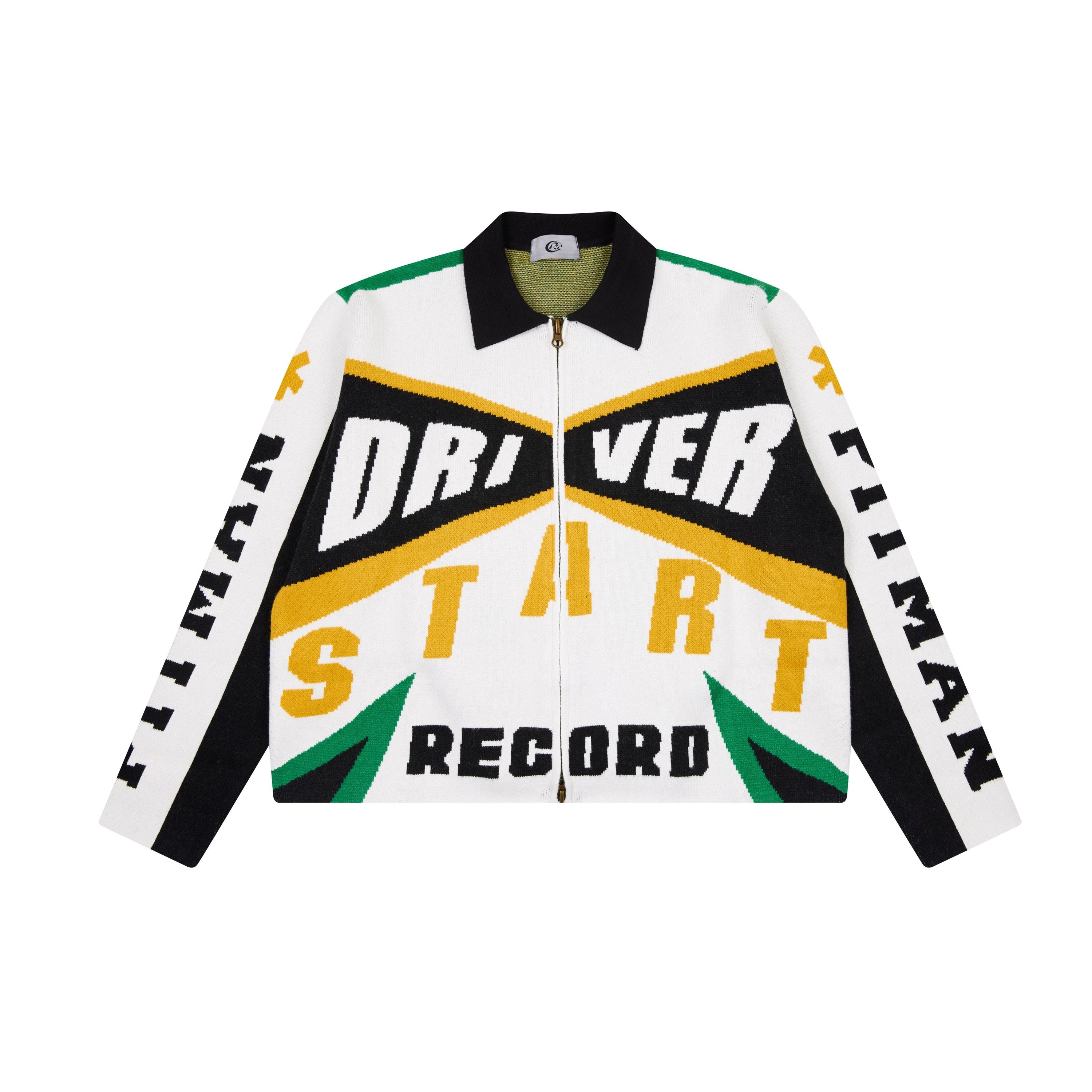 White motorsport knit zip jacket with Driver Start and Record graphic lettering in black, gold, and green