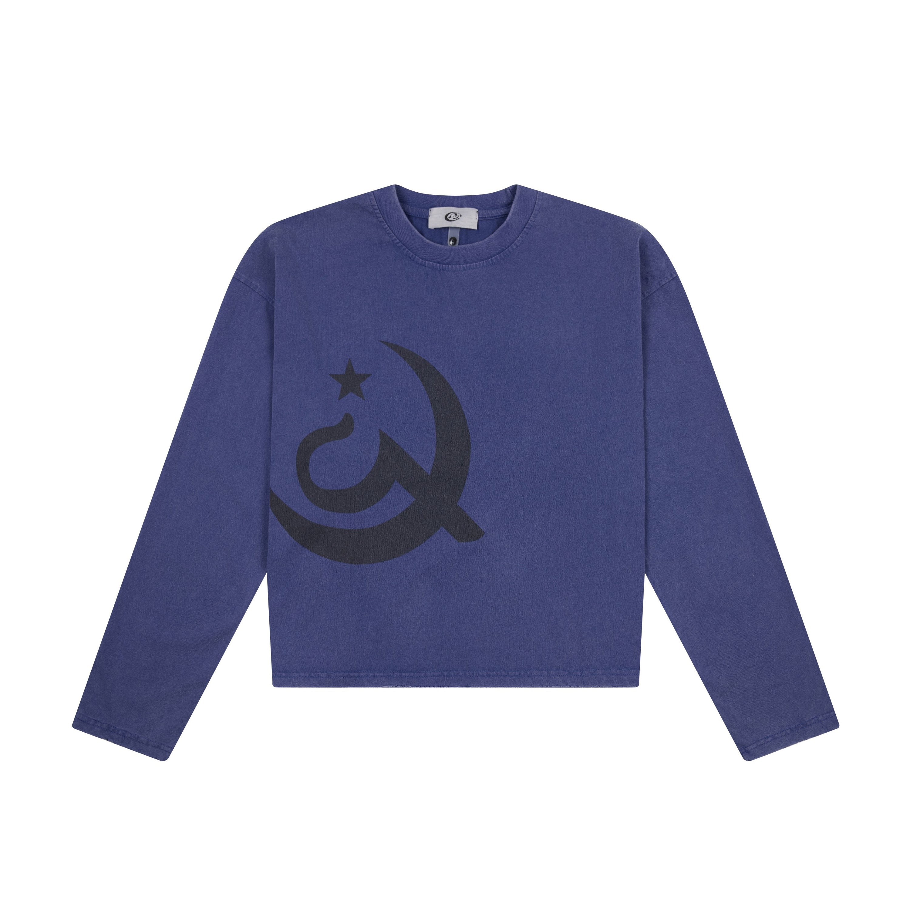 Washed indigo cropped long sleeve tee with oversized dark navy archival emblem graphic on the chest, front view