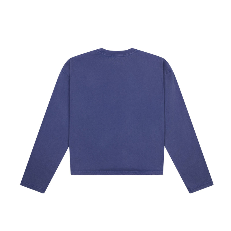 Back view of blue long sleeve cropped tee with a plain heavyweight finish