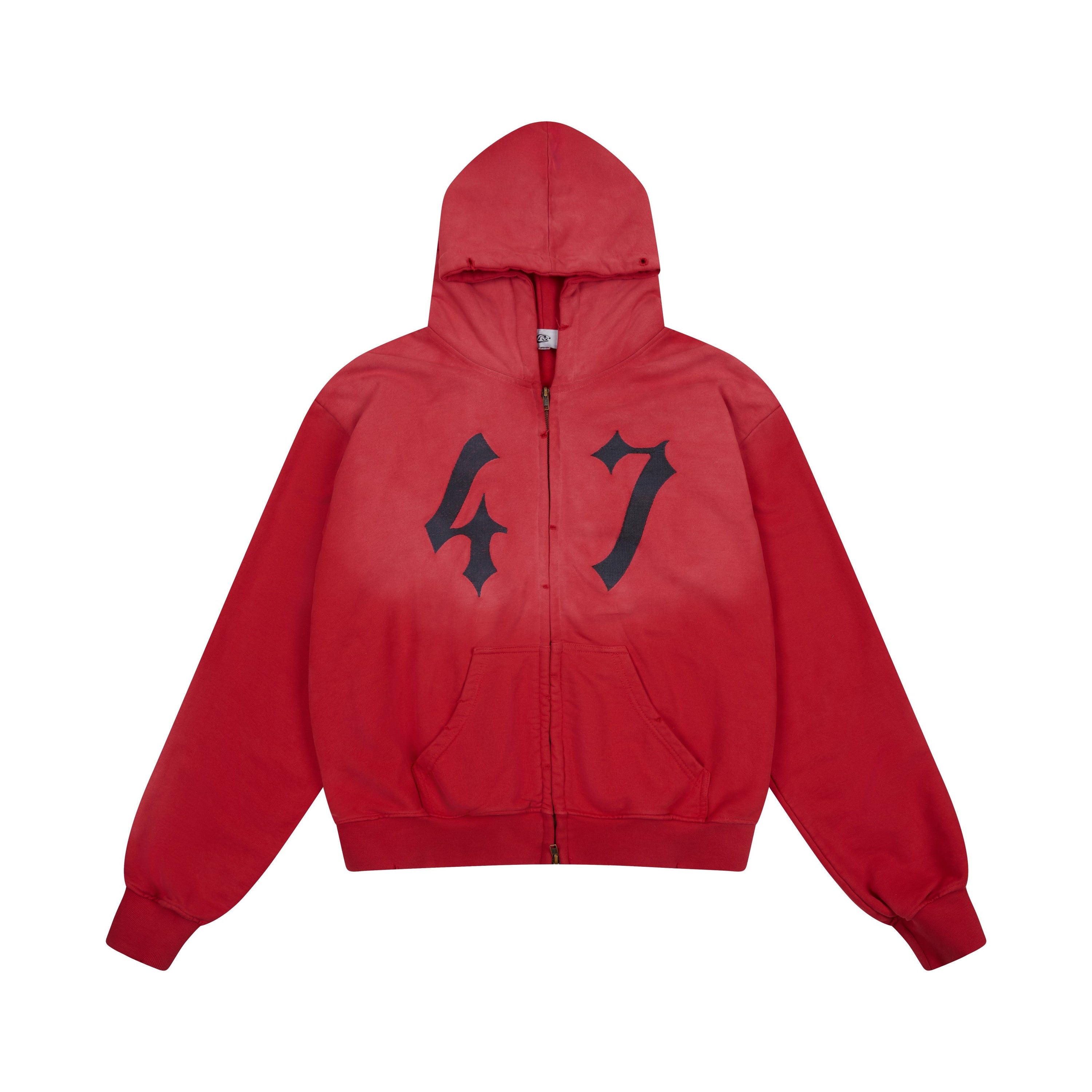 Red oversized zip-up hoodie with gothic "47" graphic on chest, full zip closure and kangaroo pocket