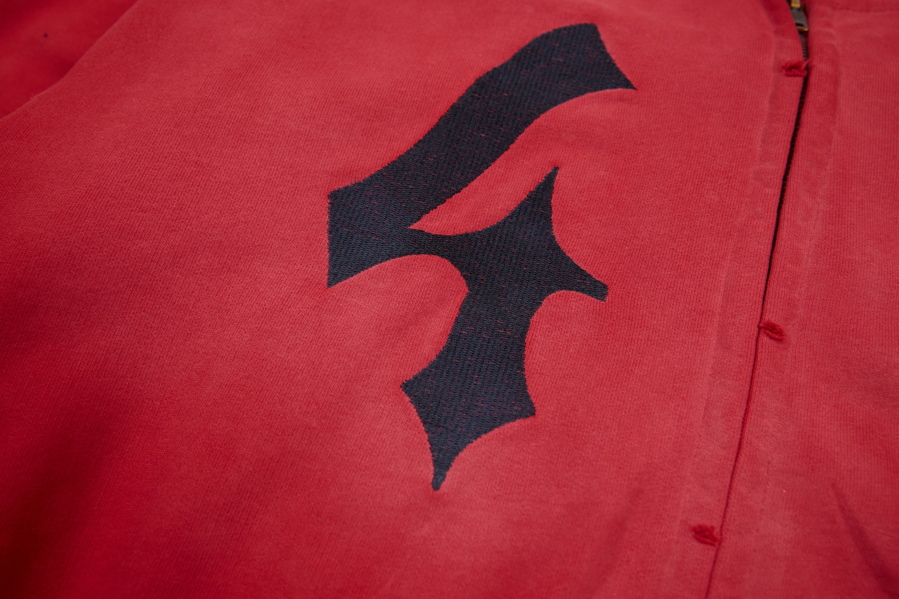 Omirad "47" Gothic Graphic Zip-Up Hoodie | Red Streetwear