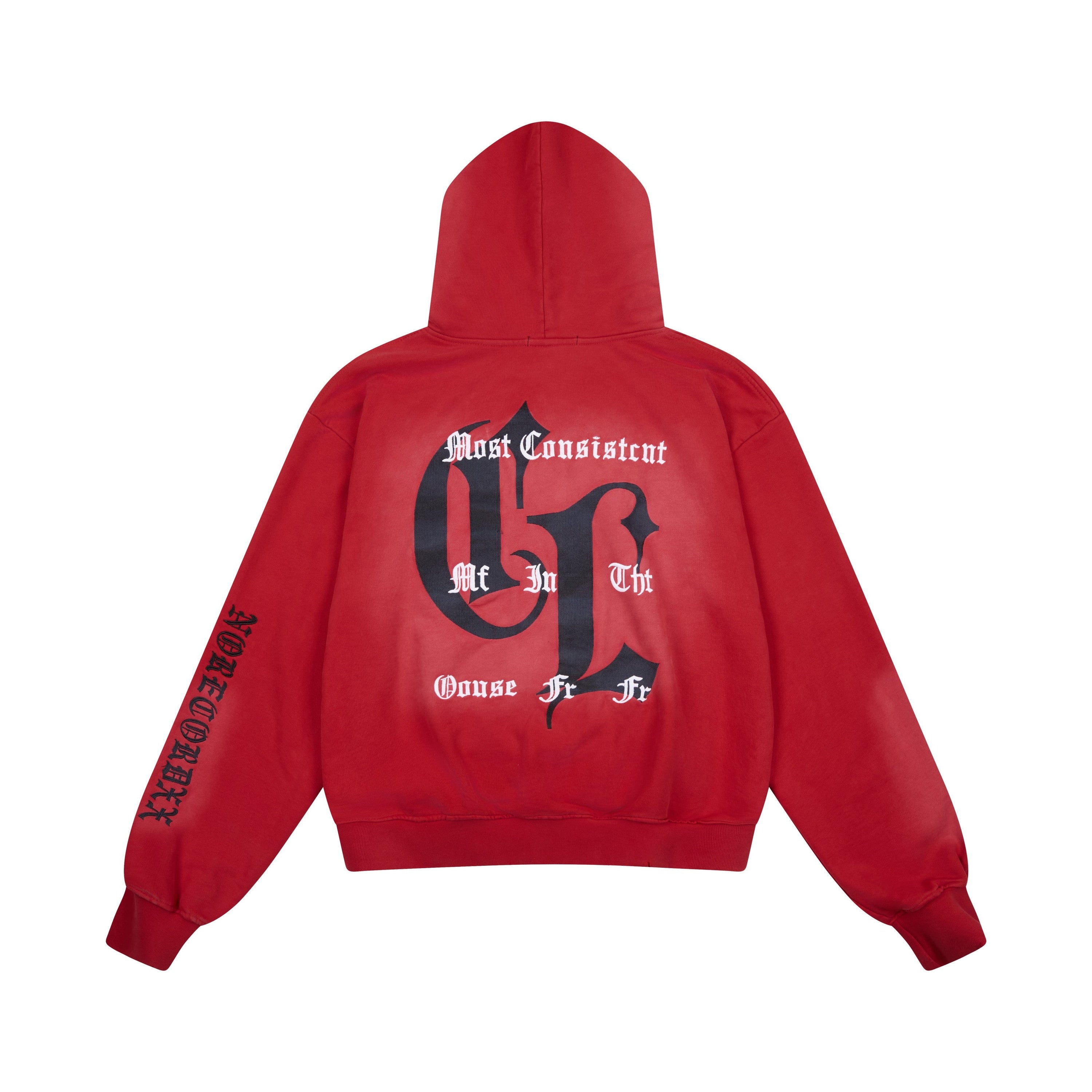 Omirad "47" Gothic Graphic Zip-Up Hoodie | Red Streetwear