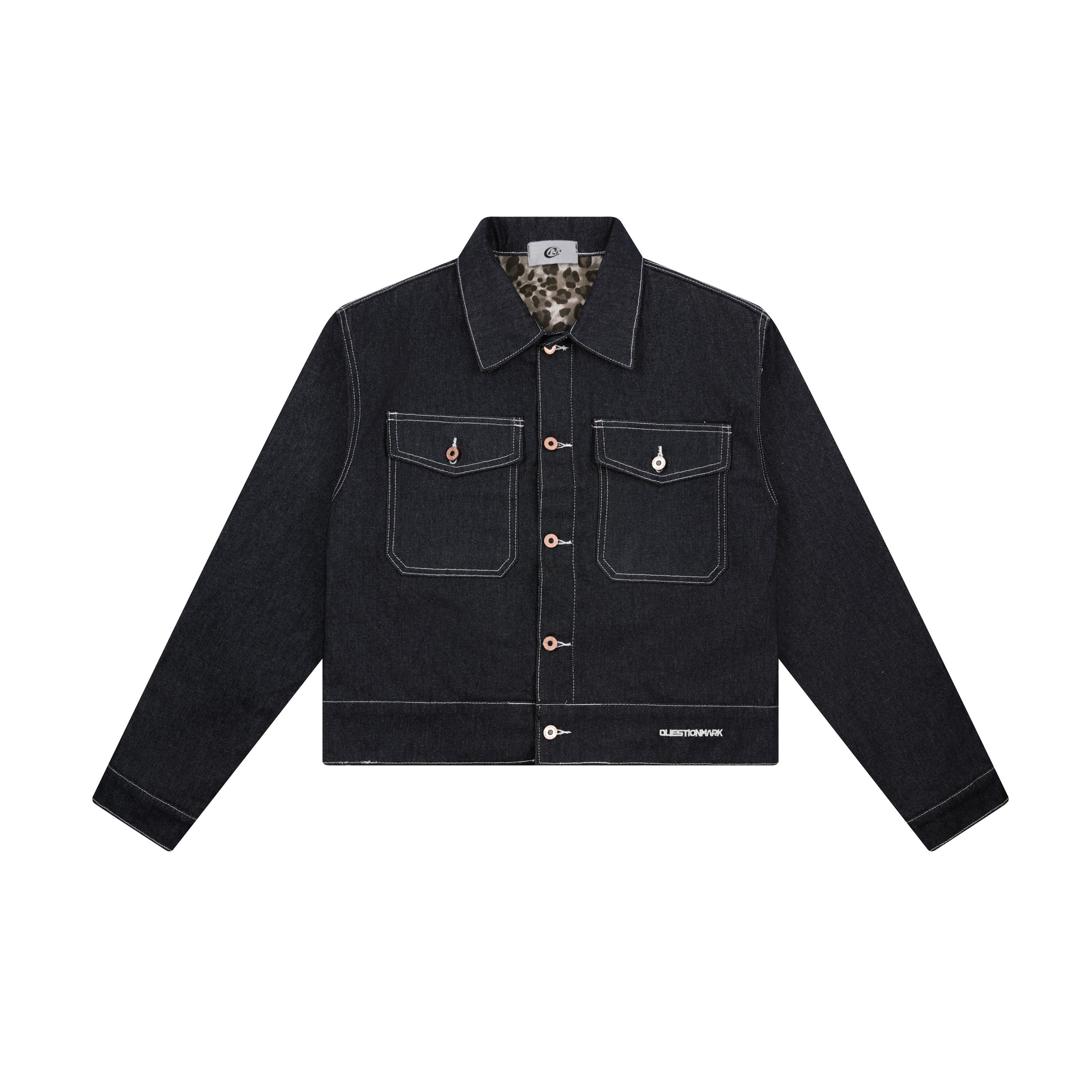 Questionmark 3 black denim trucker jacket with white contrast stitching, copper buttons, dual chest pockets and leopard-print