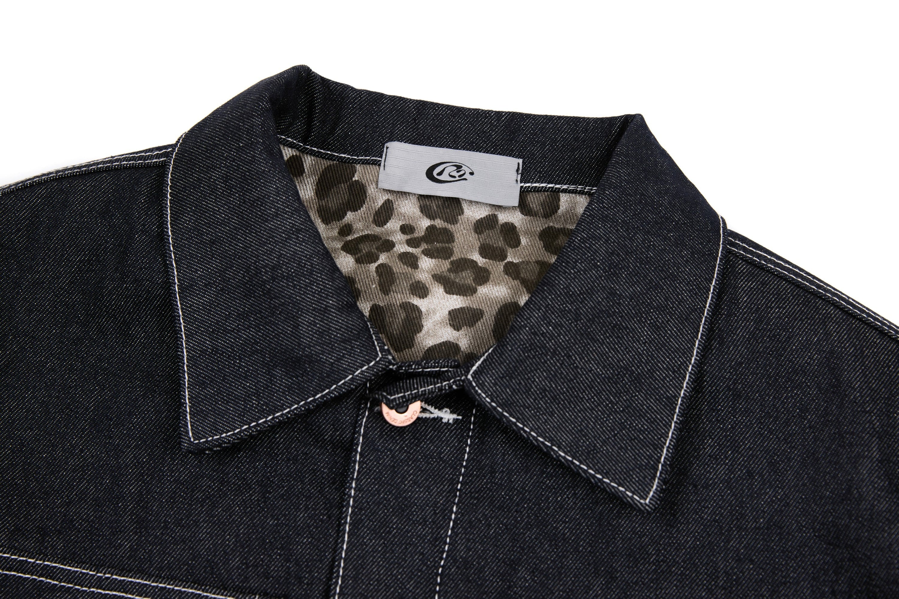 Questionmark 3 Black Denim Jacket | Contrast Stitch & Leopard Lining