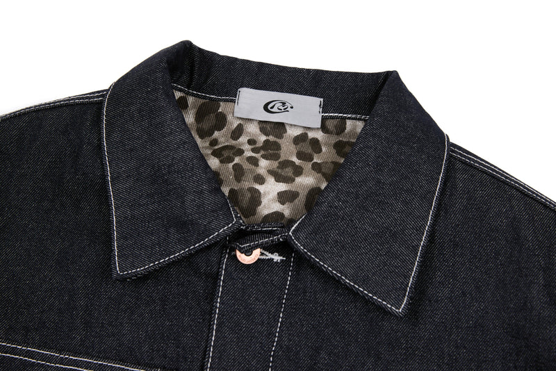 Questionmark 3 Black Denim Jacket | Contrast Stitch & Leopard Lining