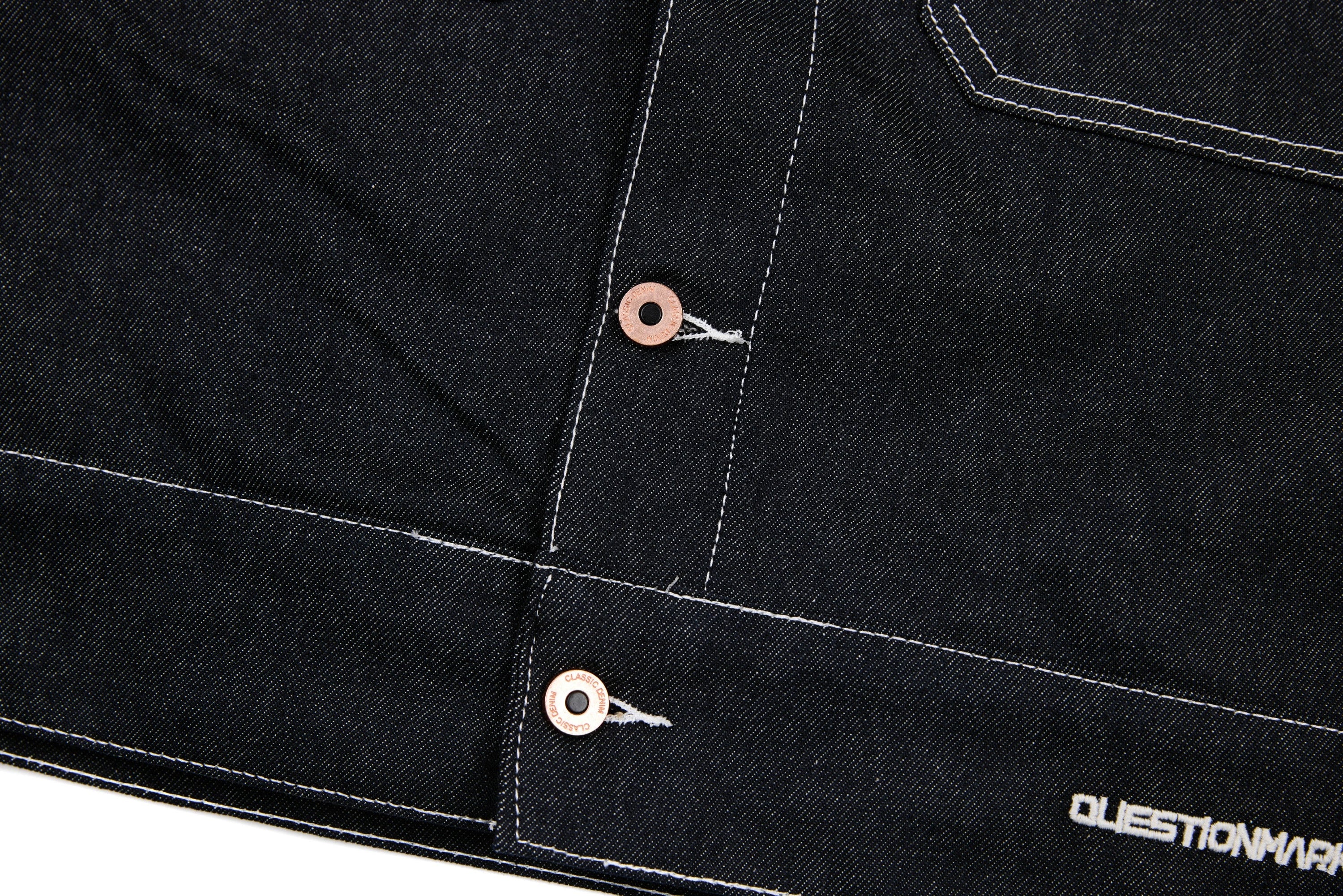 Questionmark 3 Black Denim Jacket | Contrast Stitch & Leopard Lining