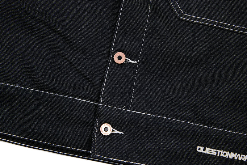 Questionmark 3 Black Denim Jacket | Contrast Stitch & Leopard Lining
