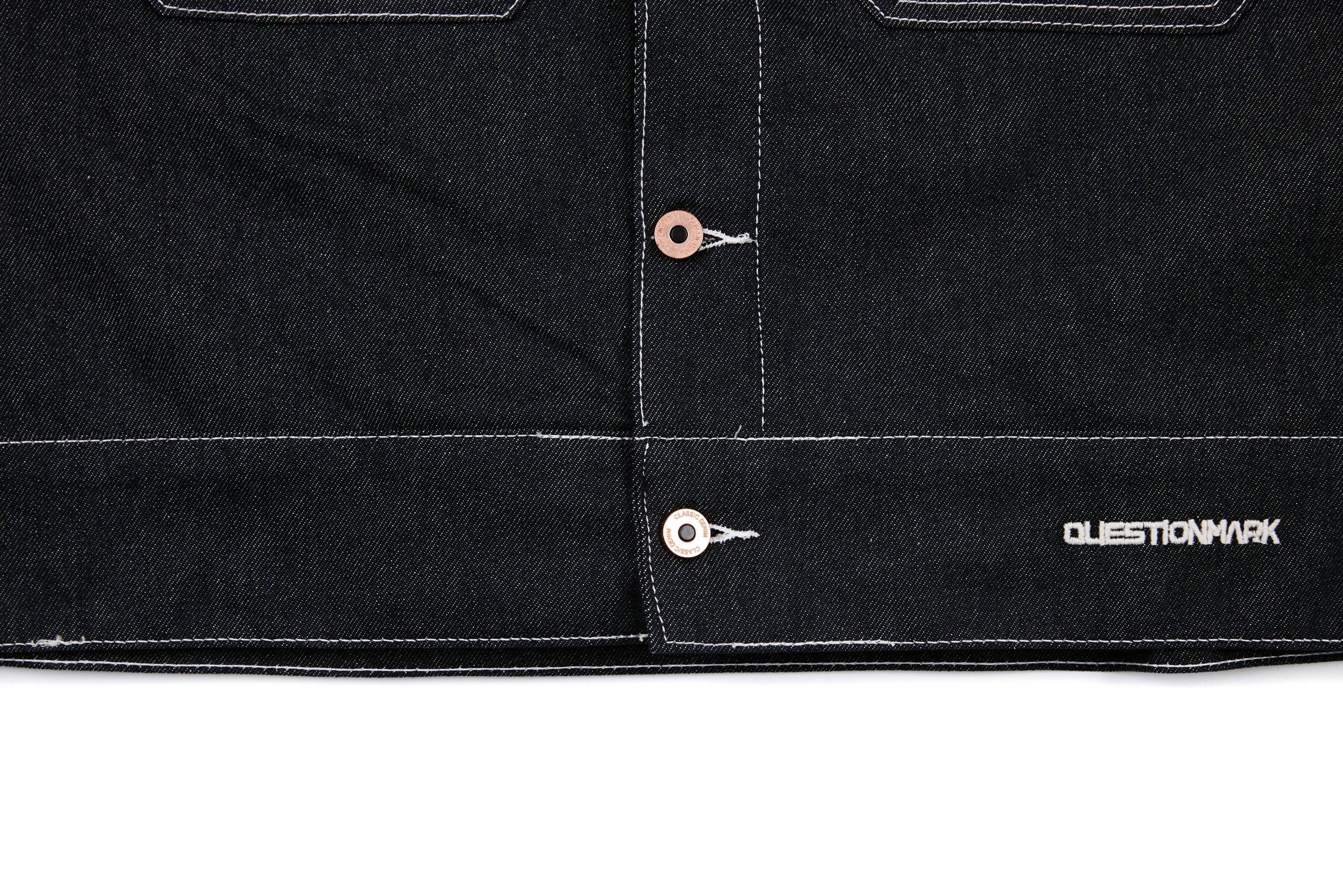 Questionmark 3 Black Denim Jacket | Contrast Stitch & Leopard Lining
