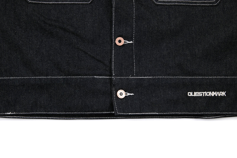 Questionmark 3 Black Denim Jacket | Contrast Stitch & Leopard Lining