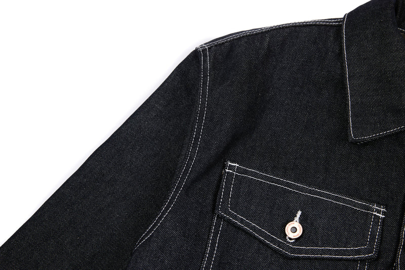 Questionmark 3 Black Denim Jacket | Contrast Stitch & Leopard Lining