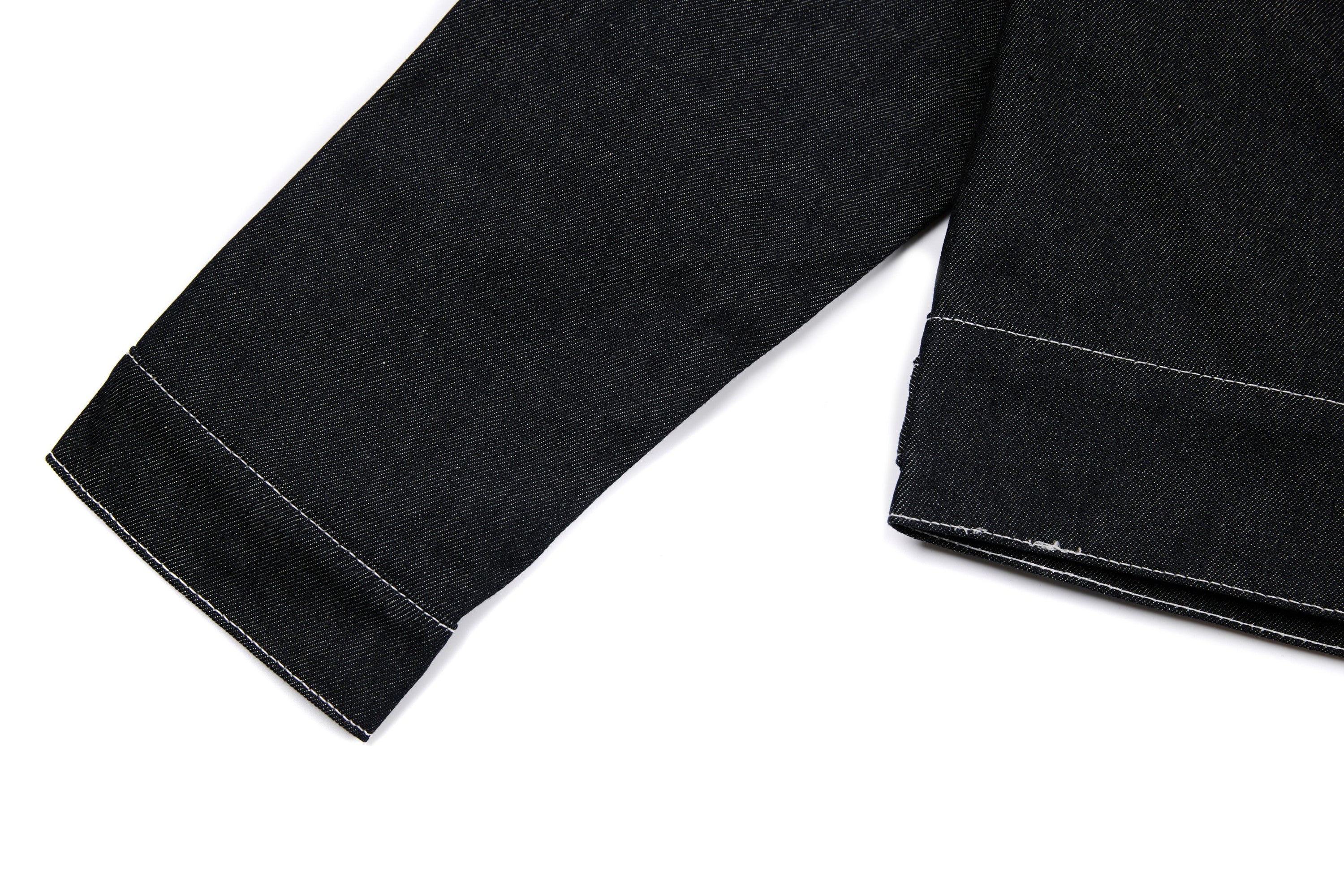 Questionmark 3 Black Denim Jacket | Contrast Stitch & Leopard Lining