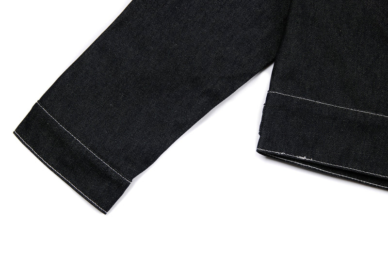 Questionmark 3 Black Denim Jacket | Contrast Stitch & Leopard Lining