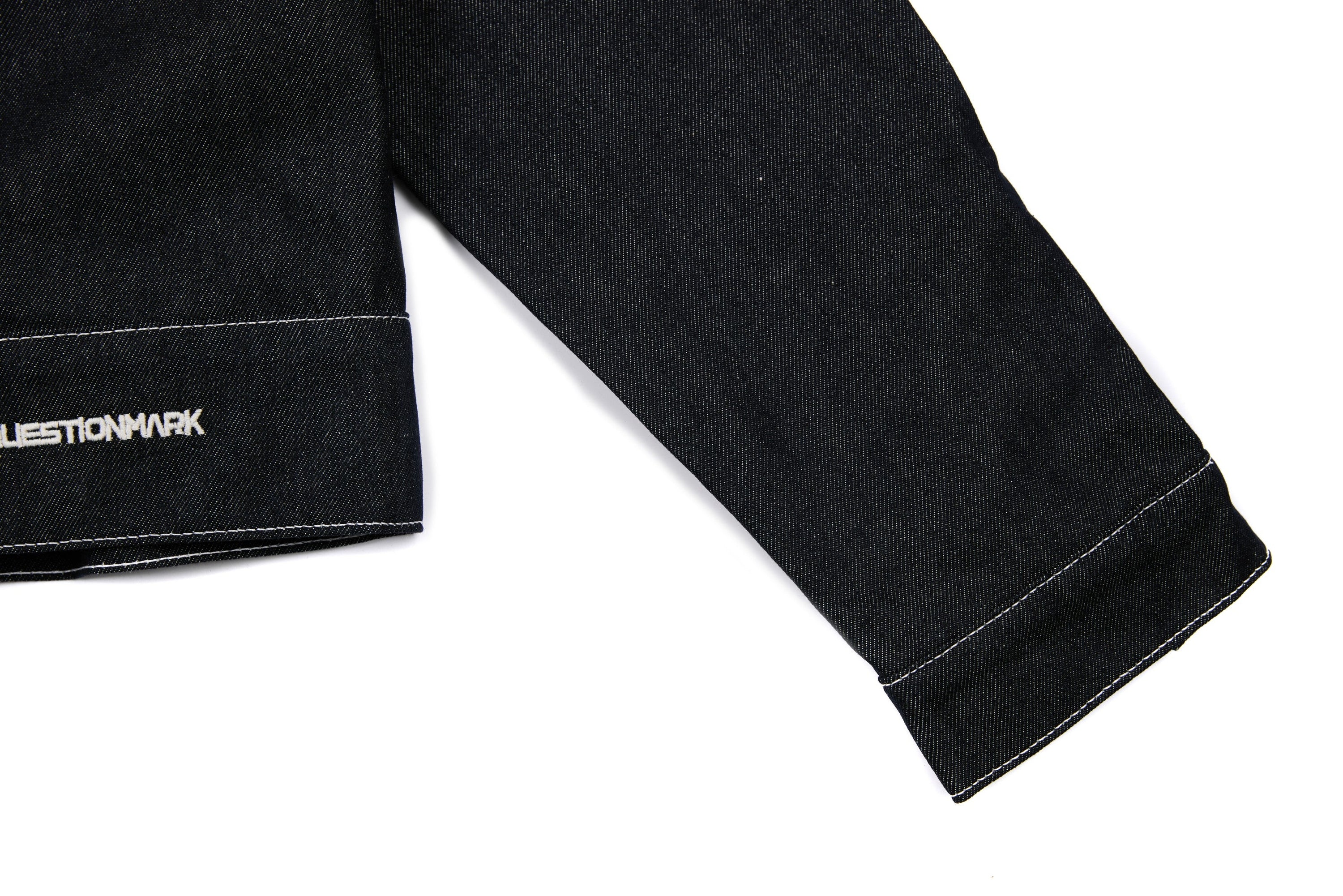 Questionmark 3 Black Denim Jacket | Contrast Stitch & Leopard Lining