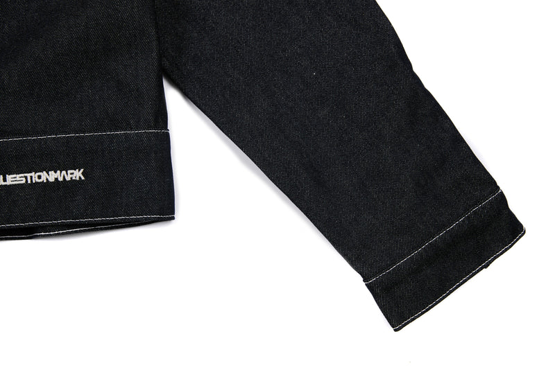 Questionmark 3 Black Denim Jacket | Contrast Stitch & Leopard Lining