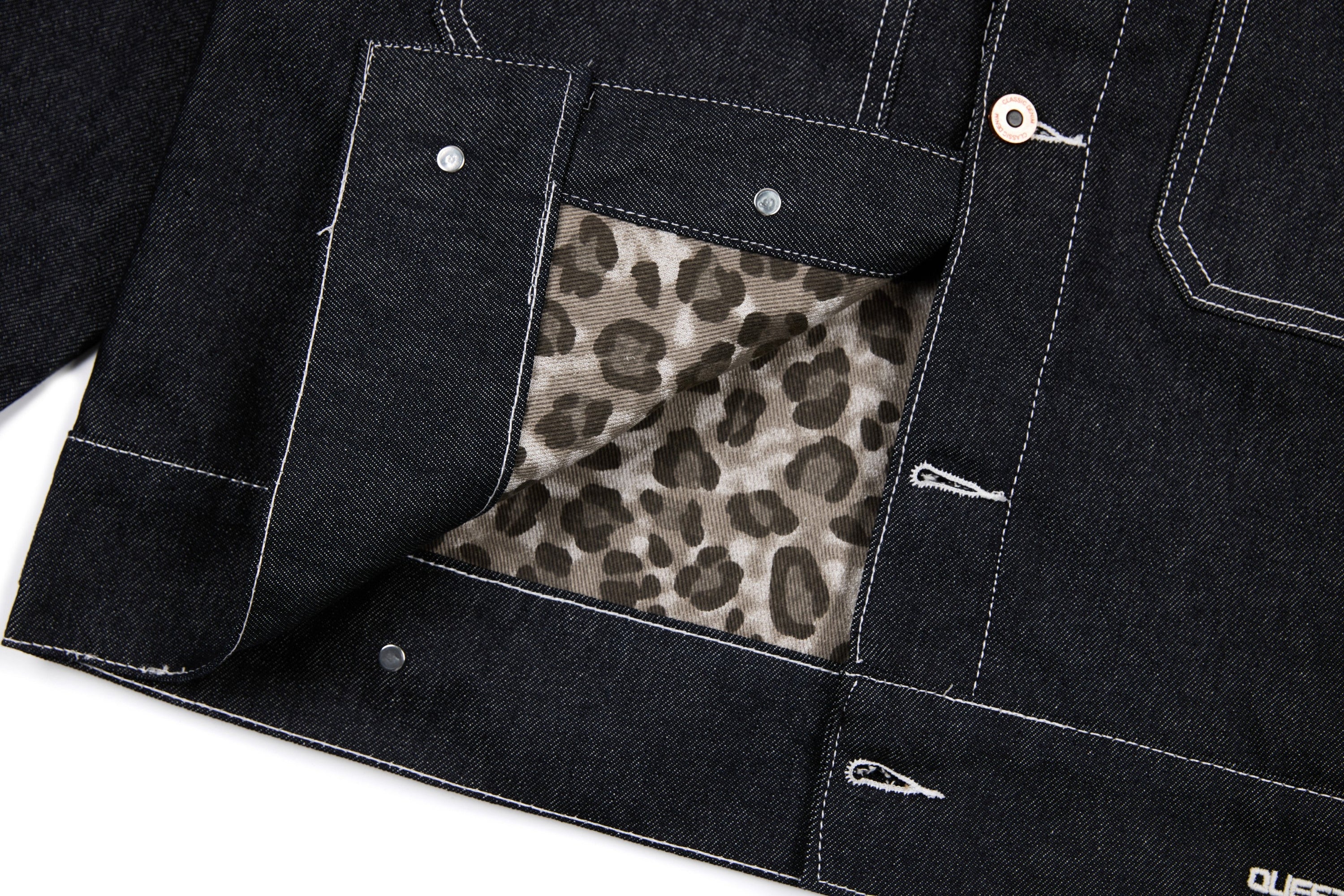 Questionmark 3 Black Denim Jacket | Contrast Stitch & Leopard Lining