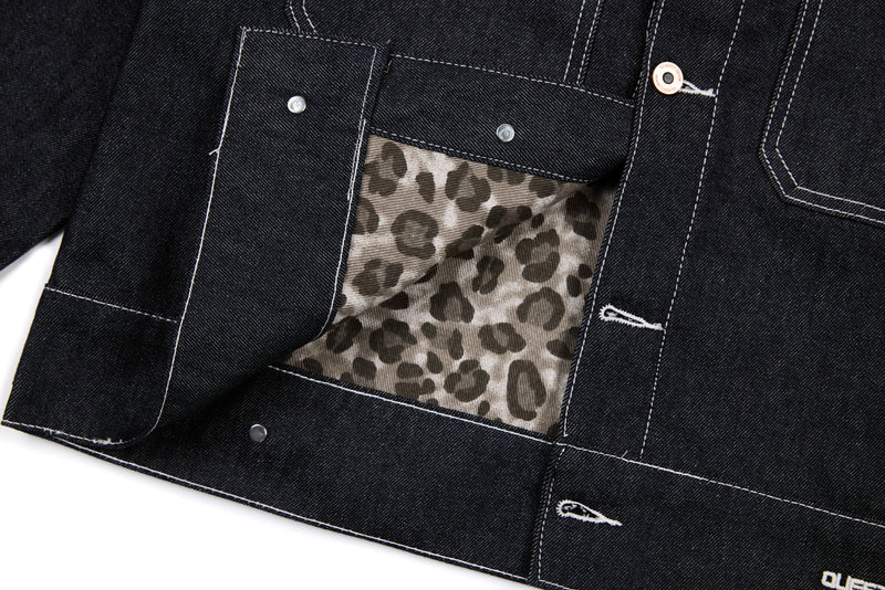 Questionmark 3 Black Denim Jacket | Contrast Stitch & Leopard Lining